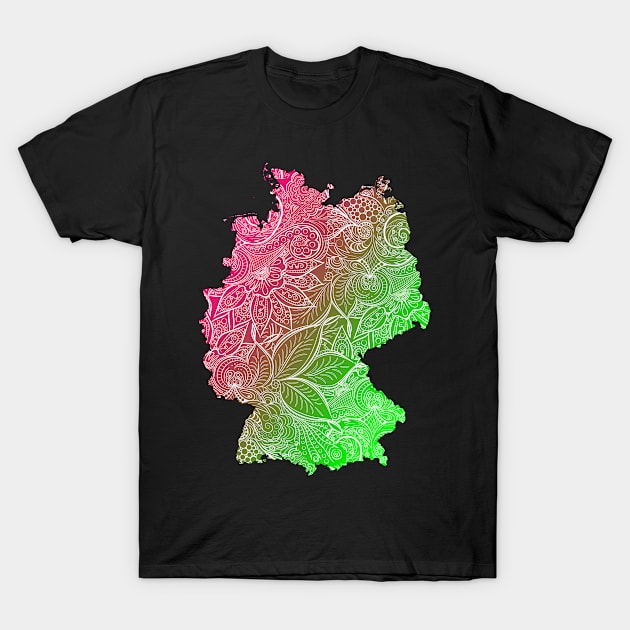 Colorful mandala art map of Germany with text in pink and green T-Shirt by Happy Citizen